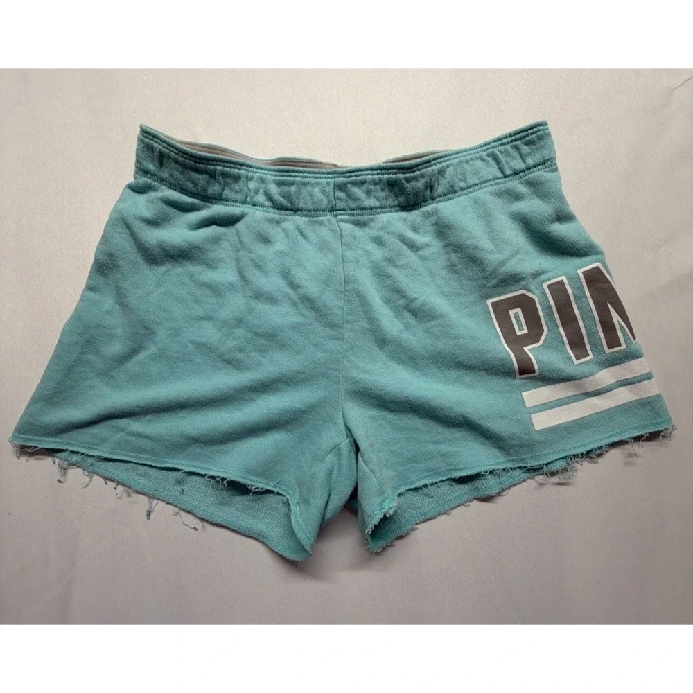 PINK Victoria's Secret Athletic Shorts Womens XS Aqua Blue‎ Graphic Logo Raw Hem